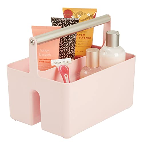 mDesign Badezimmer Aufbewahrungsbox – Korb mit Griff zur Kosmetikaufbewahrung – Bad Organizer mit zwei Fächern – rosa und mattsilberfarben