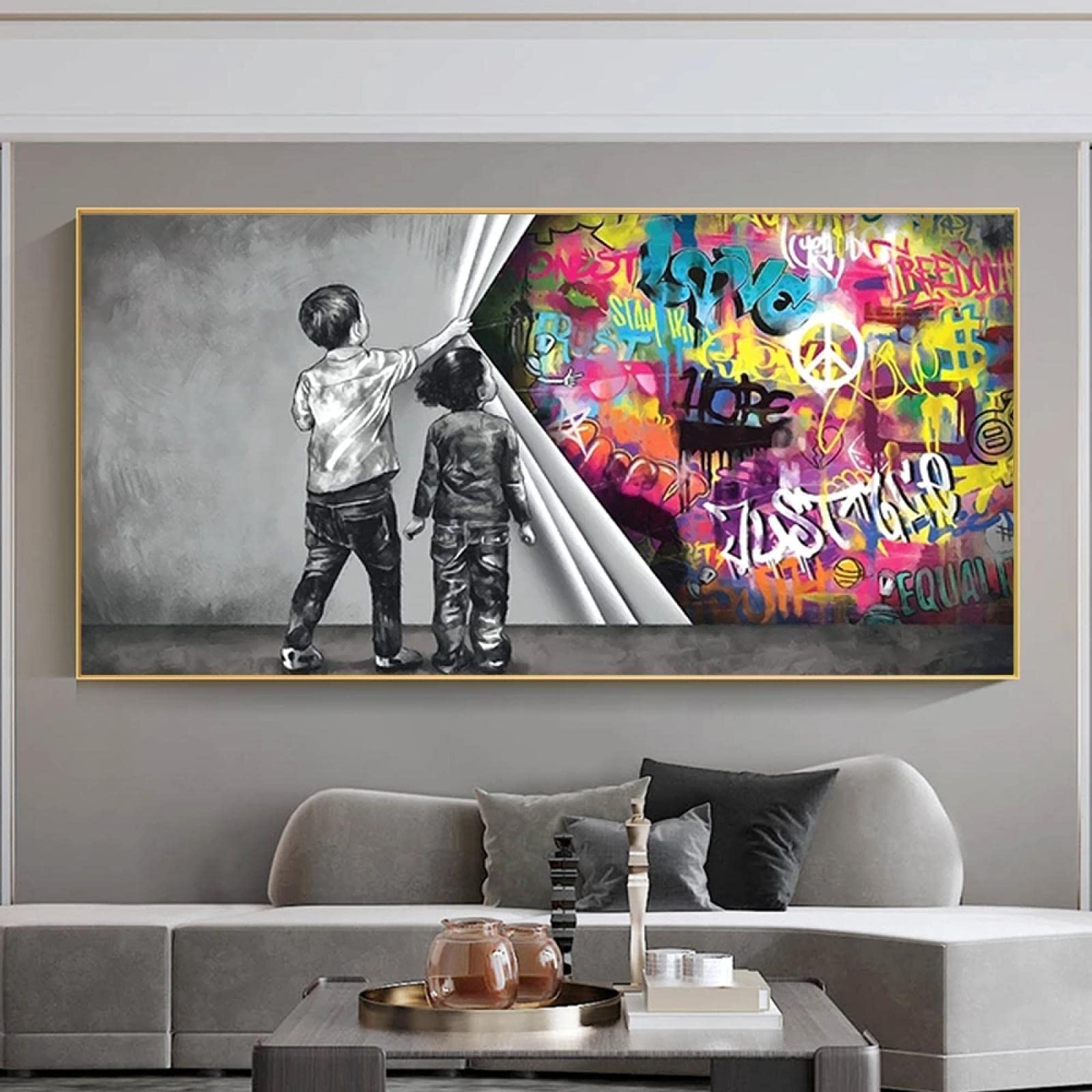 Cuadros Behind The Curtain Banksy Graffiti Canvas Paintings Posters and Prints Wall Art Pictures for Living Room Home Decor 70x140cm Frameless