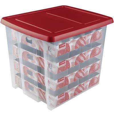 SUNWARE Nesta Weihnachtsbox 45 Ltr mit Tabletts für 64 Weihnachtskugeln (Ø70-80mm)- transparent/rot