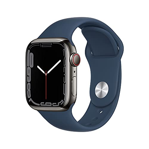 Apple Watch Series 7 (GPS + Cellular, 41 mm) - Graphit-Edelstahlgehäuse mit blauem Sportarmband (Generalüberholt)