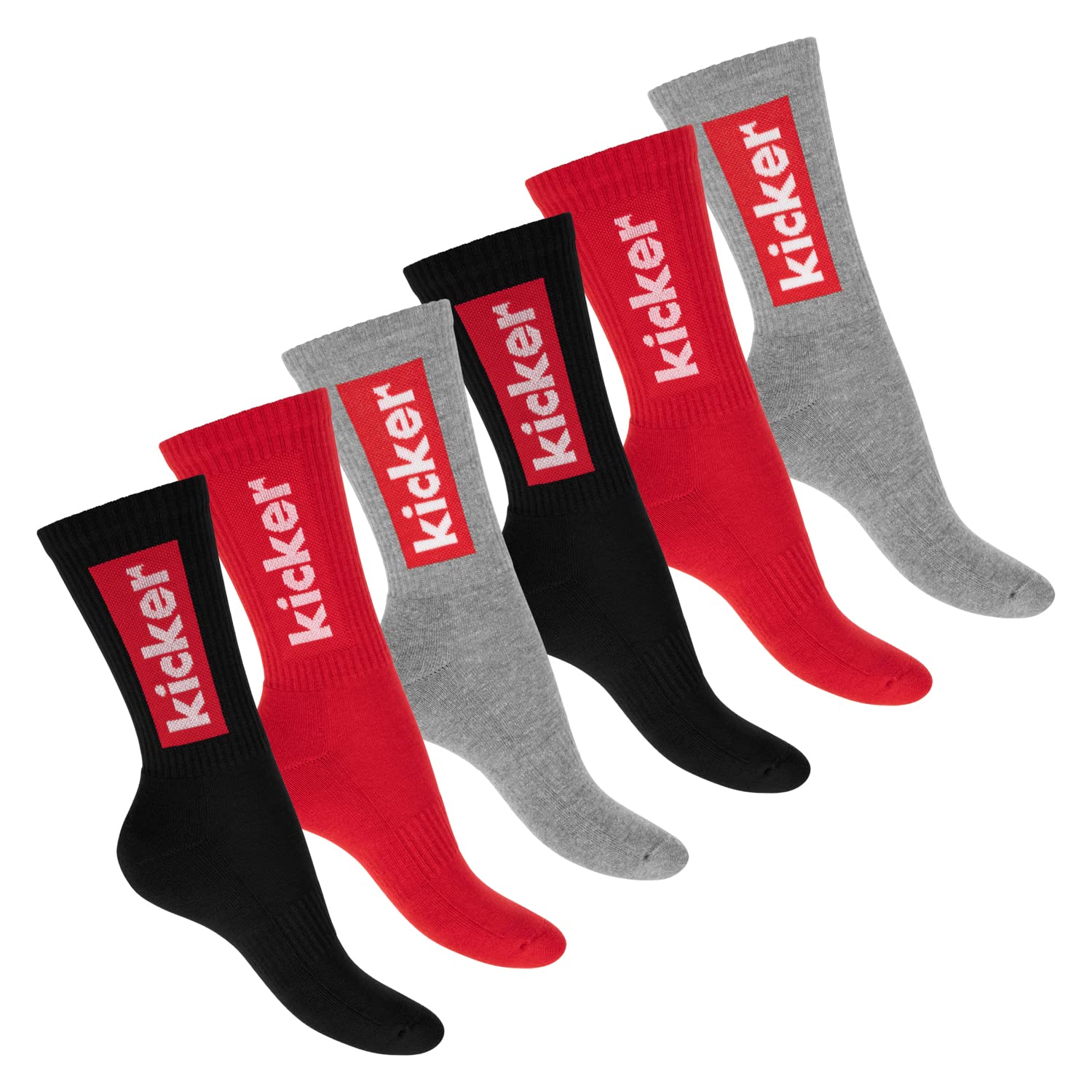 kicker Damen & Herren Crew Socks (6 Paar) Schwarz Rot Grau 43-46