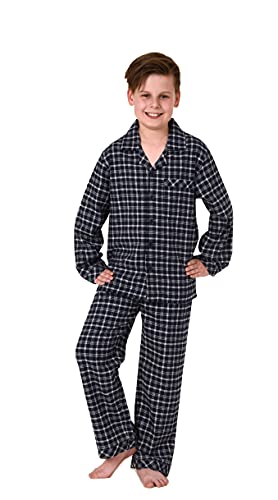 Jungen Flanell Pyjama Langarm Schlafanzug in Karo Optik mit Knopfleiste - 222 501 15 851, Farbe:grau, Größe:128