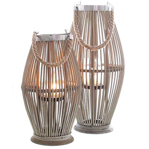 Laterne aus Bambus mit Henkel und Glaszylinder - Bambuslaterne Windlicht aus Bambus Gartenlaterne Größe H 50 cm