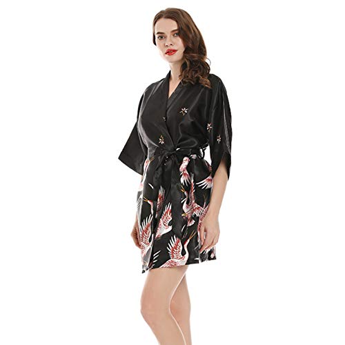 Damen Kimono Roben Ankleidekleid, Damenkleid Nachthemd Kleid Imitation Silk Roben V-Ausschnitt Weiche Druck Bademantel Pyjamas 006-S
