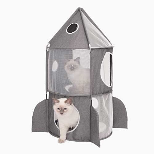 VESPER Rakete - Katzenspielturm mit 3 Ebenen aus hochwertigem Stoff mit Schlafkissen- 50x50x90cm (Grau)