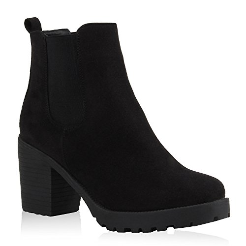 Damen Stiefeletten Chelsea Boots Profilsohle Schuhe 104771 Schwarz 40 Flandell