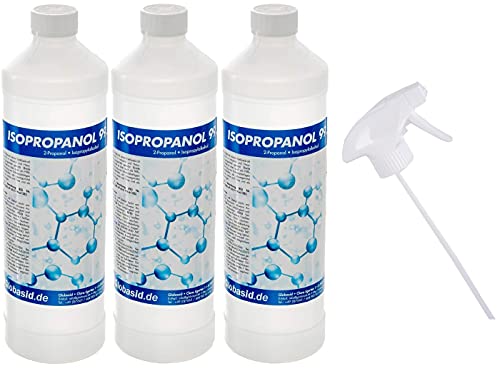 3x 1L Isopropanol 99,9% Flasche inklusive Sprühkopf Isopropylalkohol 2-Propanol IPA Reinigungsmittel, Lösungsmittel, Fettlöser, Farb-Entferner Nagellack-Entferner Oberflächen-Reiniger