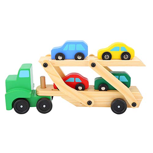 Tnfeeon Holz Doppeldecker Anhänger, Mini Carrier Truck Modell mit 4 Ramp Racer Puzzle Spielzeugauto Frühe Lernspielzeug Kinder Kinder