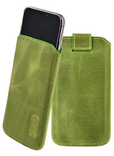 Suncase ECHT Leder Tasche kompatibel mit iPhone 11 Pro Max (6.5") mit ZUSÄTZLICHER Transparent Hülle | Schale | Silikon Bumper Handytasche (mit Rückzugsfunktion und Magnetverschluss) in Kiwi grün