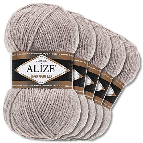 Alize 5 x 100 g Lanagold Wolle | 53 Auswahl | Stricken Häkeln Wolle (207 | Hellbraun Melange)
