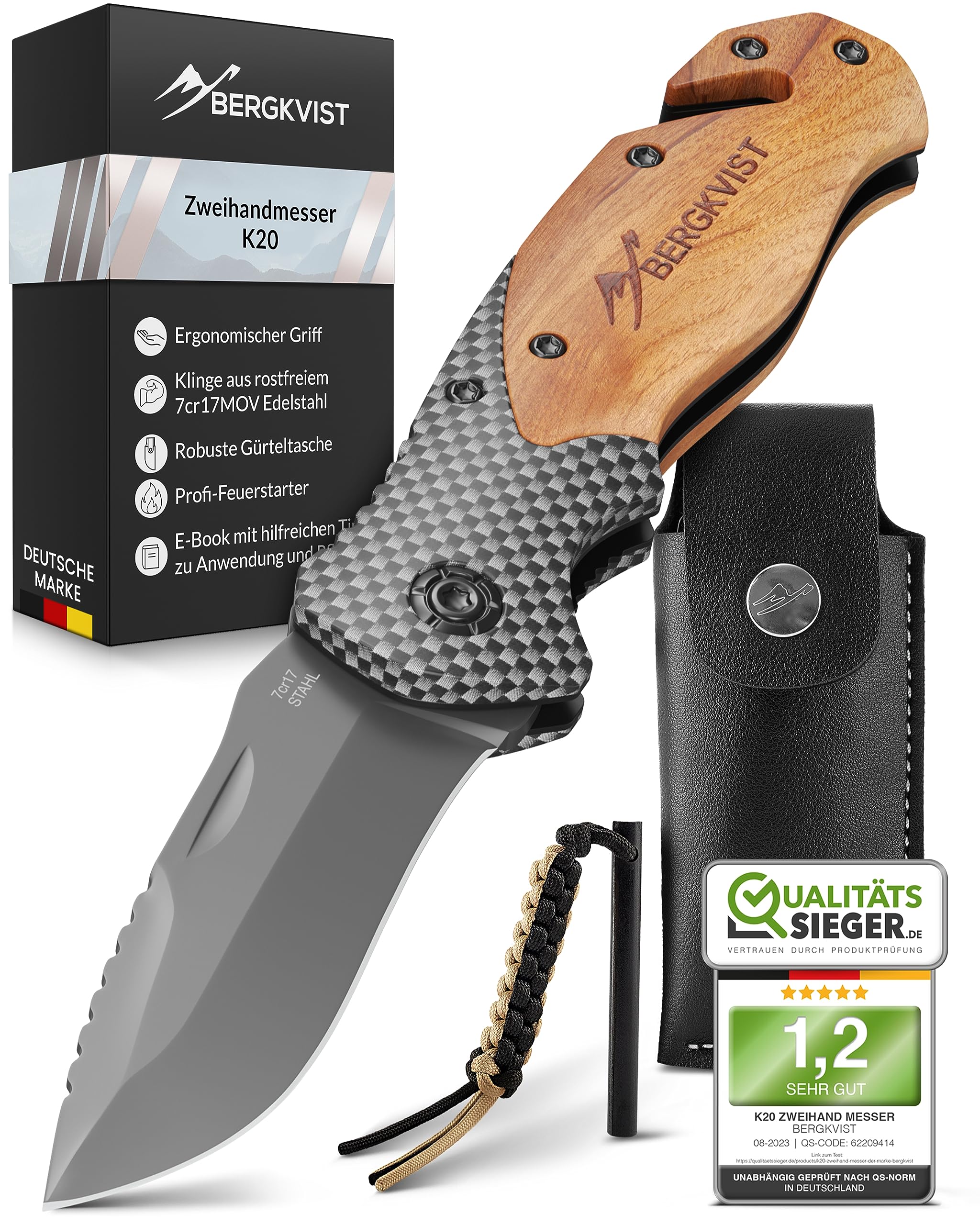 BERGKVIST® K20 Klappmesser (Zweihandmesser) mit Holzgriff & Titanium - Mitführen erlaubt - 3-in-1 Taschenmesser mit Glasbrecher, Gurtschneider & Feuerstahl
