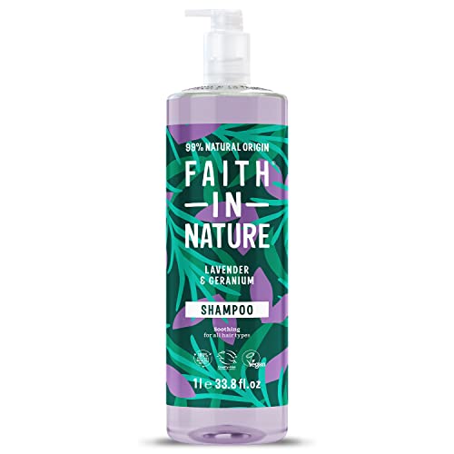 Faith In Nature 1L Natural Lavender & Geranium Shampoo, Soothing, Vegan & Cruelty Free, No SLS or Parabens, For Normal to Dry Hair