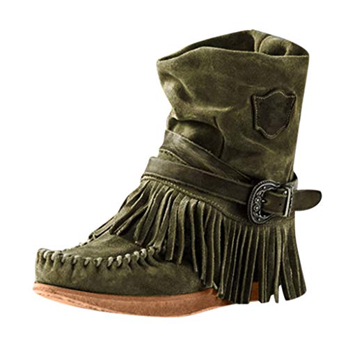 Yowablo Damen Schnürstiefeletten Übergrößen Ankle Boots mit Fransen Damen Römer Retro-Stil Volltonfarbe Quaste Kurze Stiefel Flache Schuhe (41 EU,Grün)