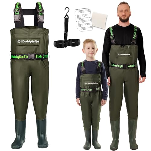 DaddyGoFish Wathose für Kinder und Erwachsene, Wathose zum Angeln und Jagen mit Tasche und Wathose-Aufhänger, Grün – Alter 7–8