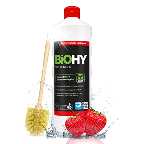 BiOHY WC-Reiniger (1l Flasche) + WC-Bürste aus Holz | Bio Toilettenreiniger mit frischem Schaum | EXTRA STARK | Badreiniger Gel wirkt effektiv gegen Kalk & Urin | säubert die Toilette blitzschnell