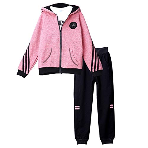 LSHEL Mädchen Jogginganzug Kinder Sportanzug Trainingsanzug 3tlg Bekleidungsset Sweatjacke & T-Shirt & Jogginghose, Roserot, 152-158