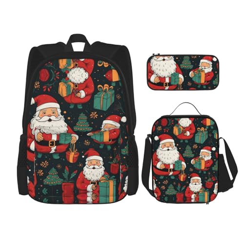 DRTGEDS Merry Christmas Rucksack mit Lunchbox, 3-in-1-Set mit Federmäppchen, Rucksack mit großem Fassungsvermögen und Brustgurt