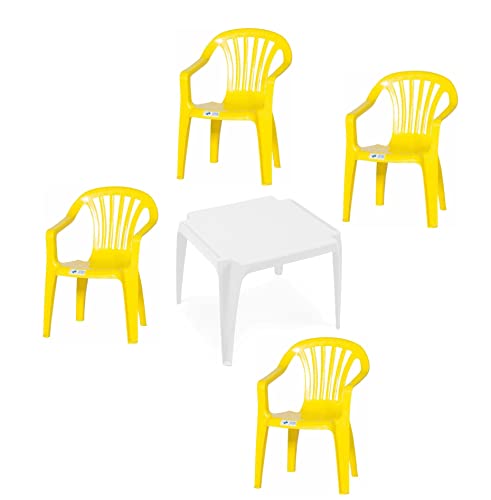 hLine Kinder Garten Sitzgruppe Tisch mit Stühlen Gartenstuhl Sessel (1 Tisch 4 Stühle gelb), 868780+868446