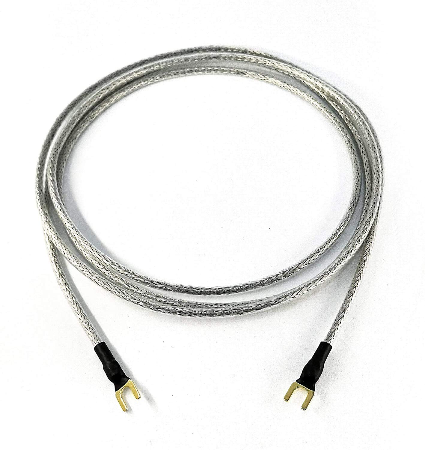 Selected Cable Erdungsleitung 2,75m 1 x 0,50mm² für Plattenspieler Phonogeräte mit Masseanschluß inkl. vergoldeter Gabelschuh Masseleitung transparent Silber Geflechtschirm