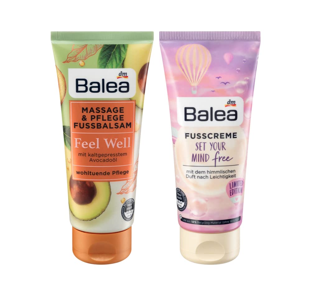 Balea 2er-Set Fußpflege: Massage- & Fußpflegebalsam FEEL WELL mit Avocadoöl (100 ml) + Fußcreme SET YOUR MIND FREE für beanspruchte Füße (100 ml), 200 ml