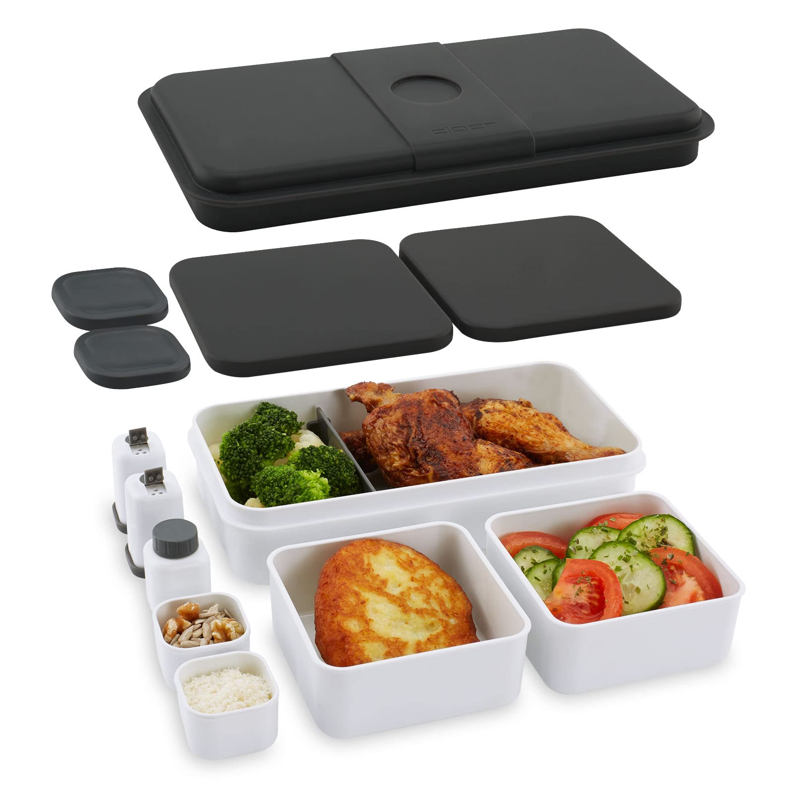 Cloer 800S2-1 Lunch Care System - Bento Box 15-teilig, XXL- Format 2100ml, unterteilbar mit viel Zubehör, Lunchbox, Brotdose für Kinder und Erwachsene, Weiß