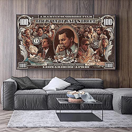 Leinwanddruck Graffiti Street Money Art 100 Dollar Leinwand Malerei Poster und Drucke Wolf der Wall Street Pop-Art für Wohnzimmerdekoration (WG395, 50x90 cm No Frame)
