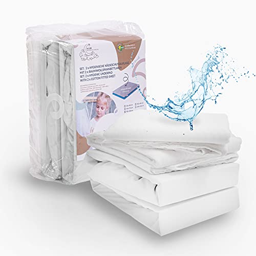 ALCUBE 4er Set aus wasserdichter Matratzenauflage und Baumwoll-Spannbettlaken für Baby und Kinder - Verschiedene Größen - (weiß 60x120 cm)
