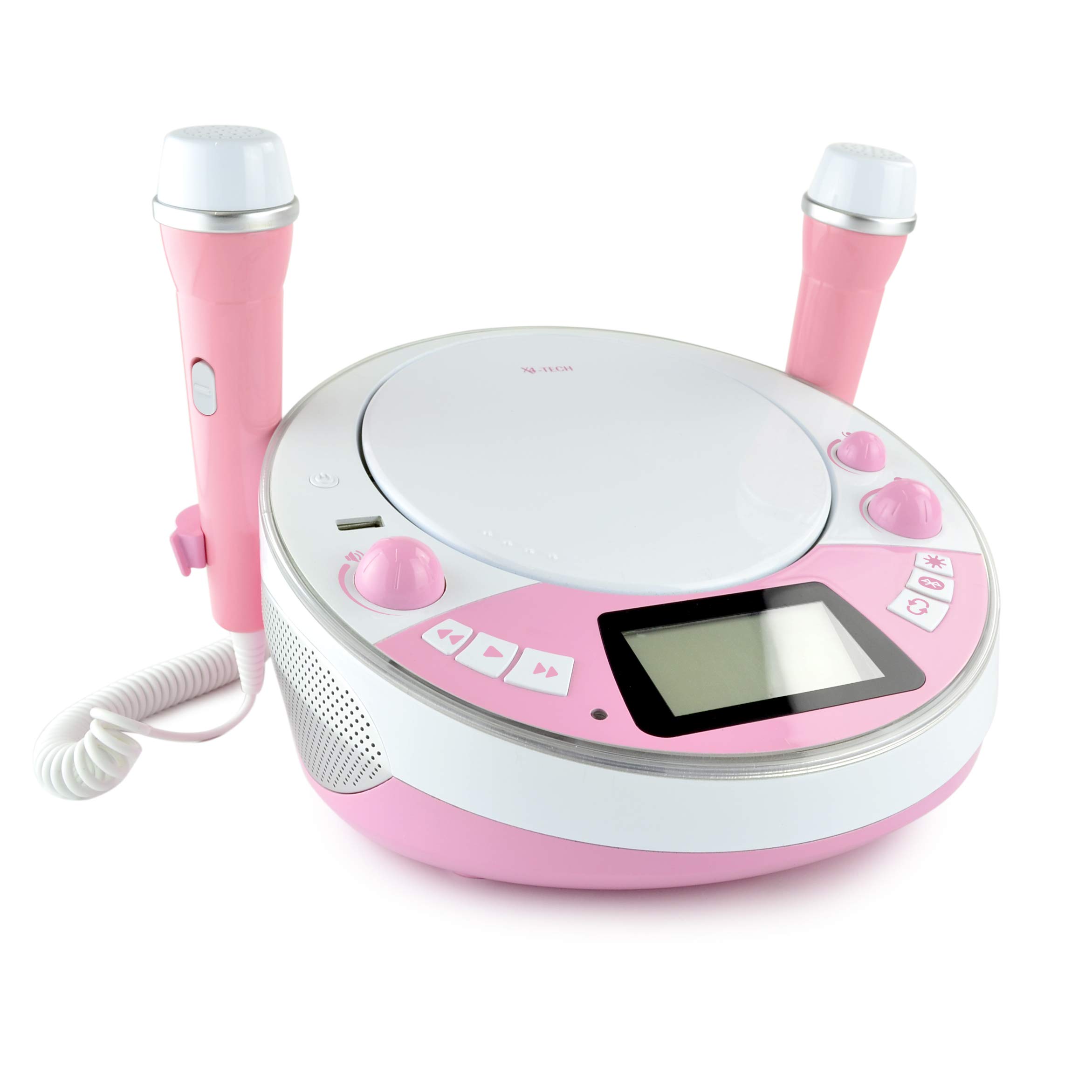 X4-TECH JamBox - CD & Bluetooth Lautsprecher für Kinder - inkl 2X Mikrofone, Sticker-Set und gratis Alarm - rosa