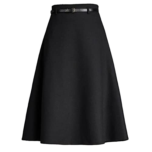 FENGJIAREN Damen Winterrock Mit Hoher Taille - Fashion Elegant Thicken Knielanger Rock Mit Gürtel Herbst Winter New A Line High Waist Big Swing Röcke,Großer Damenrock,Schwarz,S