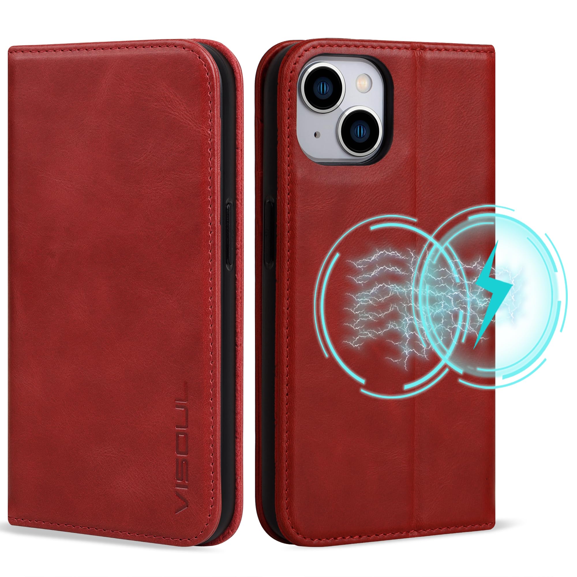 VISOUL Hülle für iPhone 15, Schutzhülle [Echt Leder] [Schützt vor Stoß] [Kartenfach] [Magnetverschluss] [Stand] klappbar handyhülle Handytasche Etui Case für iPhone 15 Rot