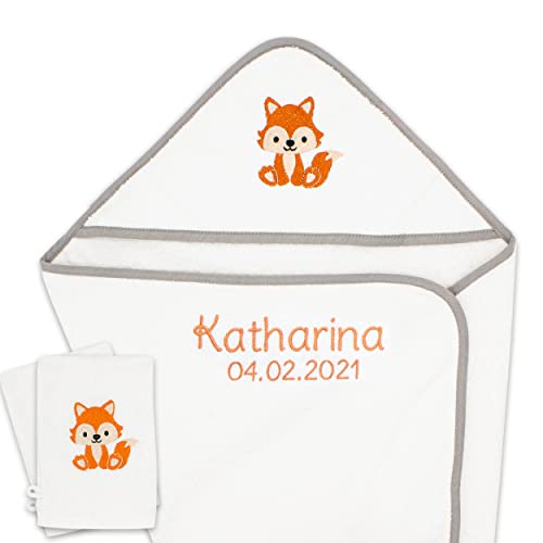 Baby Handtuch personalisiert mit Namen und Geburtsdatum – Kapuzenhandtuch 80x80cm aus 100% Baumwolle – Babygeschenke zur Geburt Junge und Mädchen.