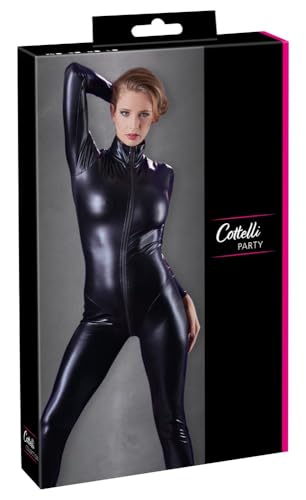 Cotelli Collection Party - figurbetonter Overall im Wetlook für Damen, verführerischer Einteiler mit Reißverschlusss, sexy Bodysuit, schwarz