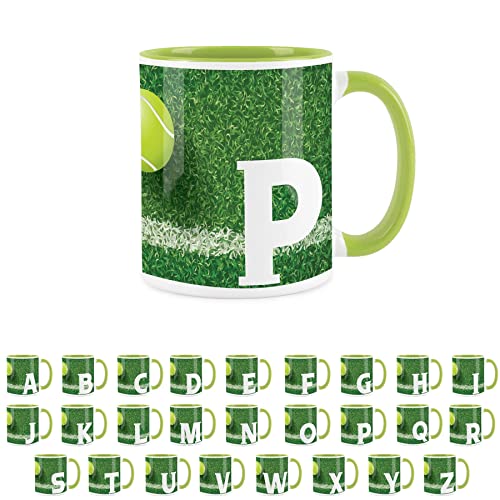 Purely Home Tasse mit Tennis-Buchstabe P – Grüner Kaffee Tee Geschenk personalisierbar Tennis Alphabet Initiale Geschenk