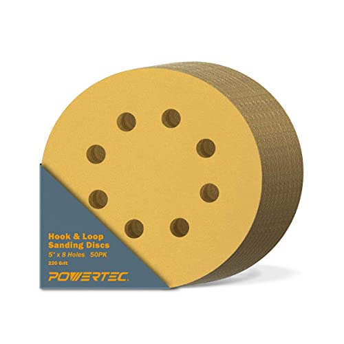 POWERTEC 44022 g-50 12,7 cm 8 Loch 220 Körnung Haken und Loop Schleifscheiben – Gold (50 Pack)