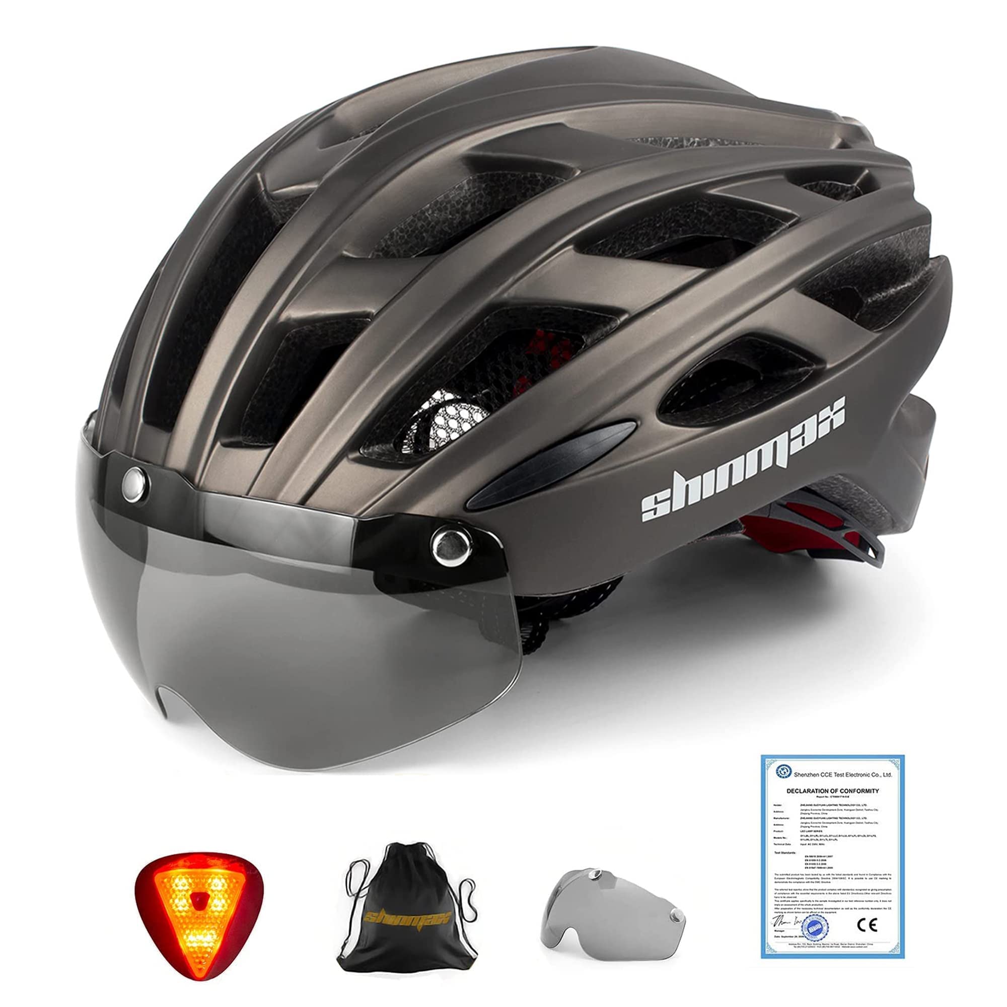 Shinmax Fahrradhelm Herren Damen Fahrradhelme mit Visier Abnehmbarer Schutzbrille MTB Helm mit LED Rücklicht für Erwachsene Radhelm Atmungsaktiv Einstellbarer Sicherheitsschutz Rennradhelm NR-096