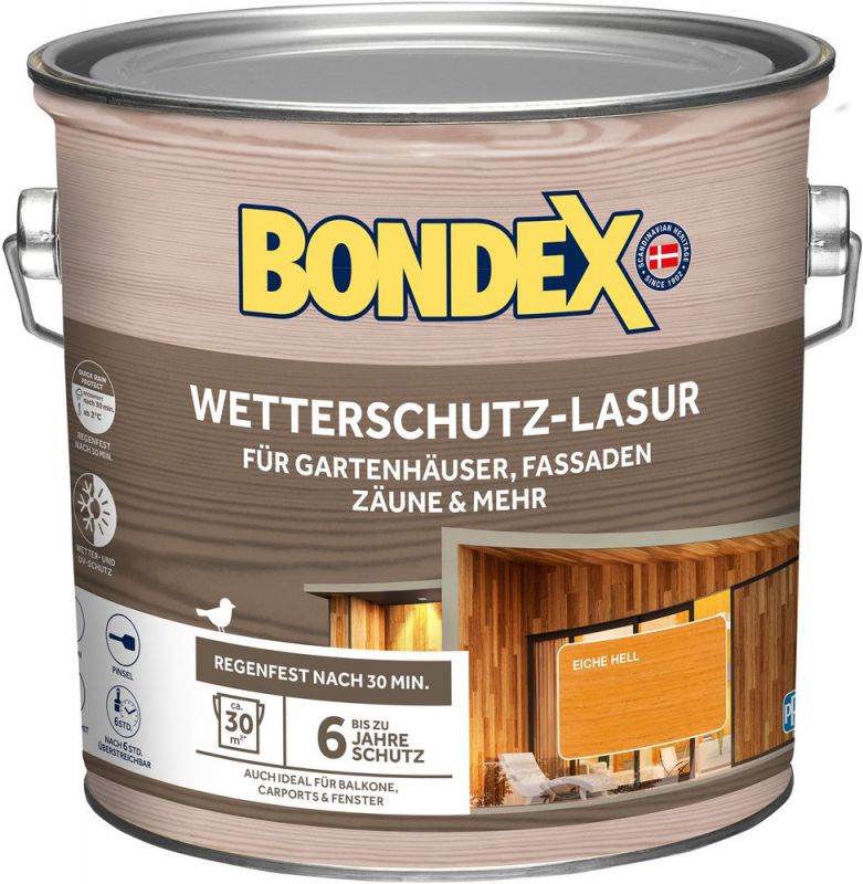 Bondex Wetterschutz Lasur Eiche hell 2,5 L für 30 m² | Tropf- und Spritzgehemmt | Exzellenter UV-Schutz | Sichere Anwendung ab 2 °C | seidenmatt | Wetterschutzlasur | Holzlasur