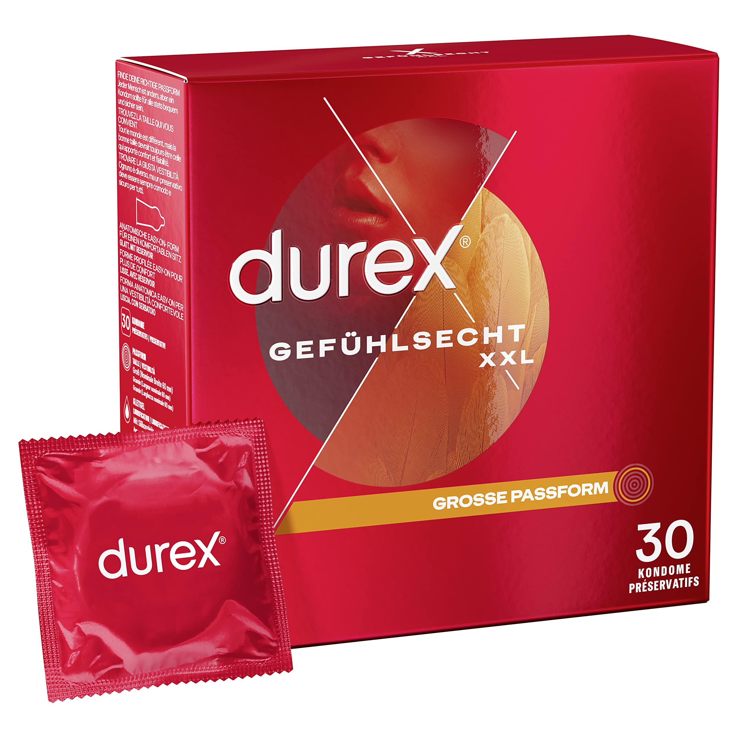 Durex Gefühlsecht XXL Kondome – Dünne Kondome mit großer Passform & mit Silikongleitgel befeuchtet, transparent, angenehmer Geruch - für einen komfortablen Sit – 30er Pack (1 x 30 Stück)