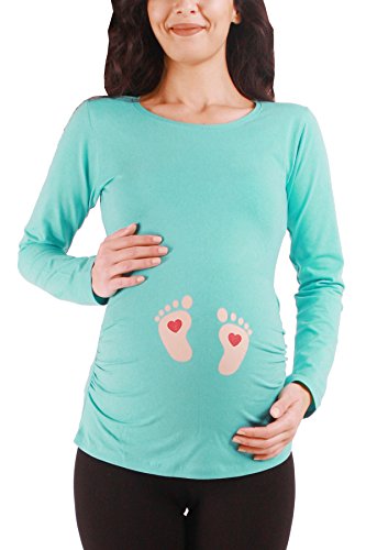 Fußabdrücke Baby mit Herz - Lustige witzige süße Umstandsmode Umstandsshirt mit Motiv für die Schwangerschaft Schwangerschaftsshirt, Langarm (Mint, Medium)