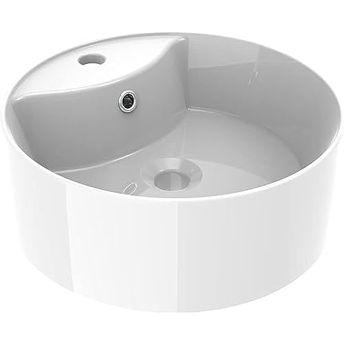ERCOS Runder Aufsatzwaschtisch aus Keramik, Weiß poliert, Badwaschbecken mit integriertem Überlauf, Durchmesser 406 MM