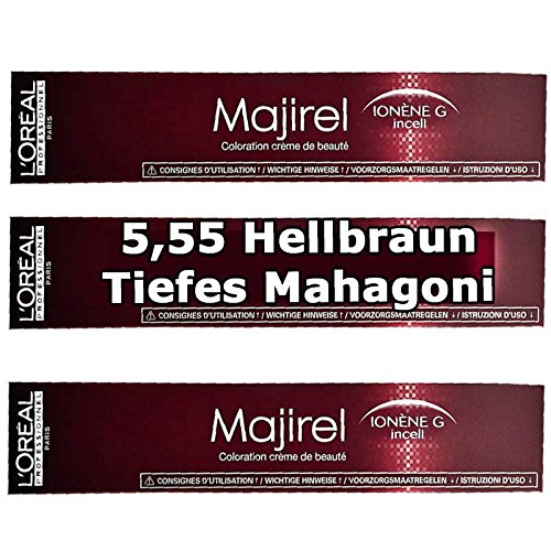3x Loreal Majirel 5,55 Hellbraun Tiefes Mahagoni Creme Haarfarbe - 50ml
