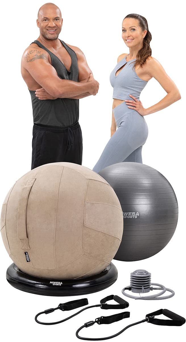 Miweba Sports Gymnastikball-Set - Traglast 500 Kg - 65 cm - Gymnastikball und Ballauflage aus PVC - Sitztrainer - Fitnessball Stuhl - Ergonomischer Sitzball - Sitzalternative Büro (Beige)