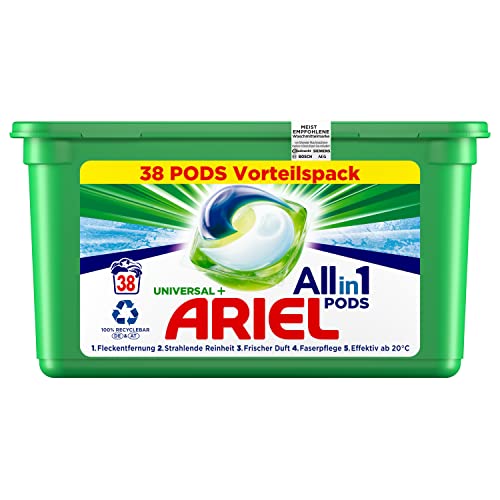 Ariel Waschmittel Pods All-in-1, 38 Waschladungen, Universal Frischer Wäscheduft und strahlende Reinheit