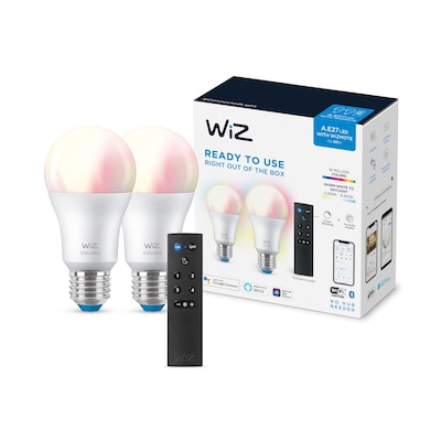 WiZ Tunable White & Color LED Lampe, E27, dimmbar, 60W, warm - bis kaltweiß, 16 Mio. Farben, smarte Steuerung per App/Stimme, Doppelpack inkl. WiZmote Fernbedienung