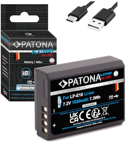 PATONA Platinum LP-E10 USB Akku 1020mAh mit direktem USB-C Eingang (1404) EOS 1100D 1200D 1300D 2000D 4000D