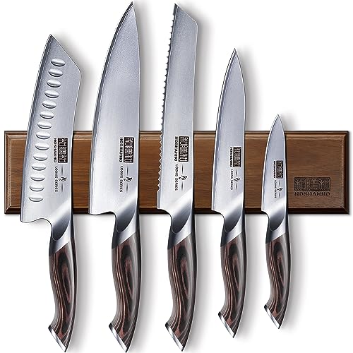 HOSHANHO Messerset 6 Teilig, Ultra Scharfes Küchenmesserset mit Magnetischer Messerhalter, Profi Hochwertigem Carbon Stahl Kochmesserset, Ergonomischer Pakkaholzgriff