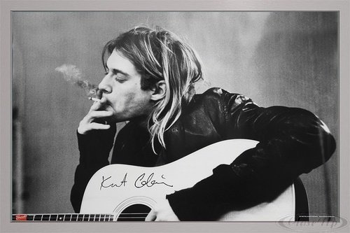 Close Up Nirvana Poster Kurt Cobain Smoking & Guitar (96,5x66 cm) gerahmt in: Rahmen Silber