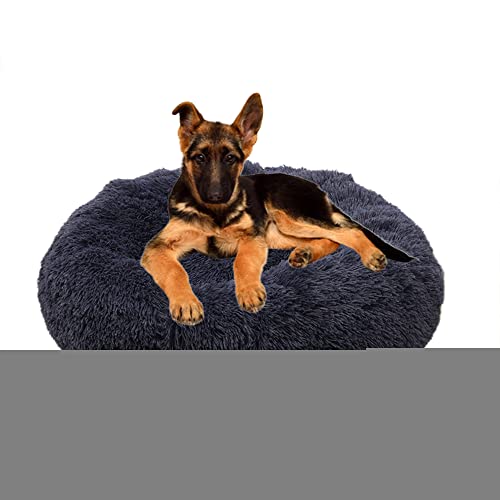 Rutschfestes rundes Plüsch-Haustierbett – beruhigendes Donut-Kuschelbett – flauschig, weich, waschbar, für Katzen, Hunde, Anti-Angst und verbessert das schlafen, 90 cm, Dunkelgrau