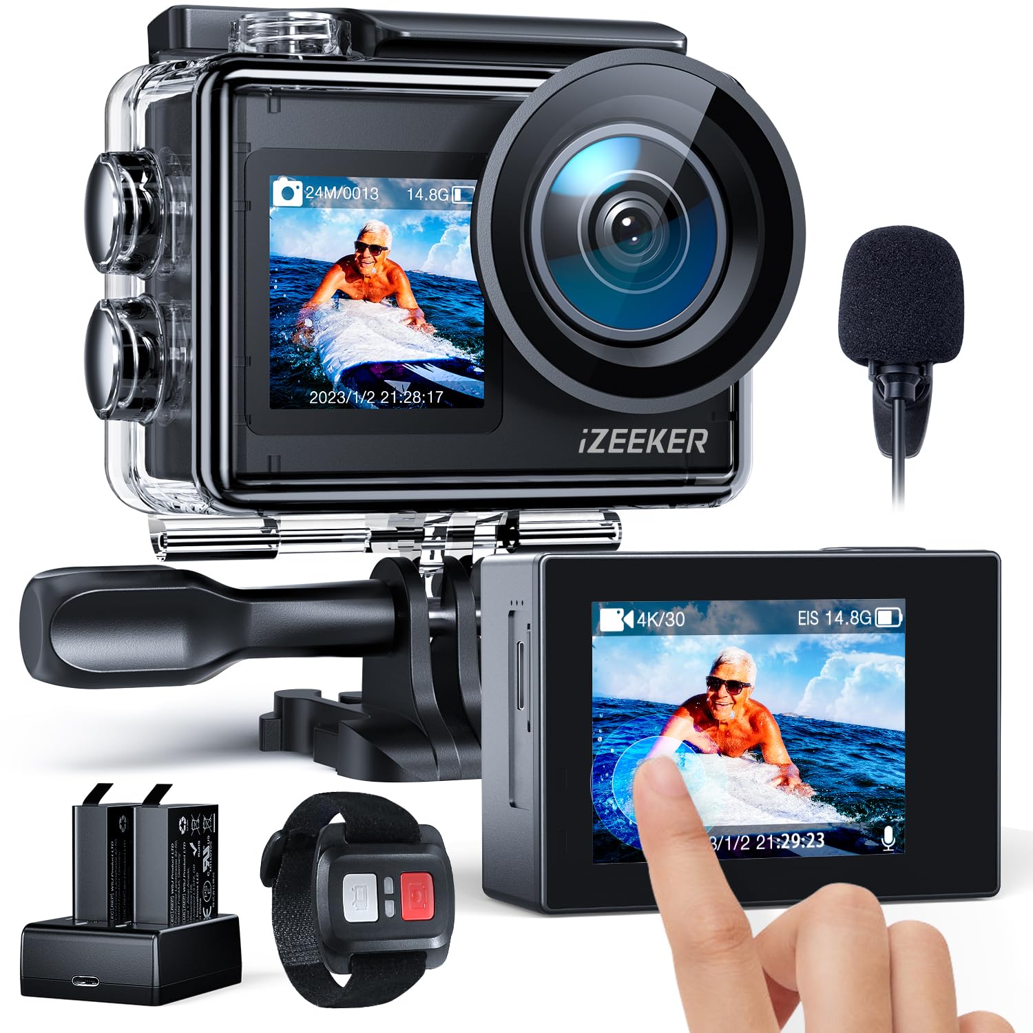iZEEKER Action Cam 4K 24MP, Unterwasserkamera 40M Wasserdicht mit EIS,Dual-Screen-Kamera, Touchscreen, Vlog Camera, Helmkamera, WiFi, Fernsteuerung, Externes Mikrofon, 2X1350mAh Akkus, Zubehör Kit