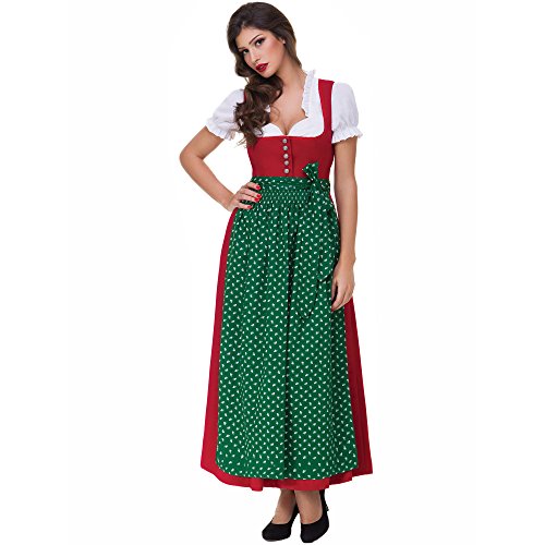 Almbock Dirndl Lang Lea rot mit grüner Schürze in Gr. 36 38 40 42 44 46 - festliches Trachten-Kleid, Rock-Länge 95cm