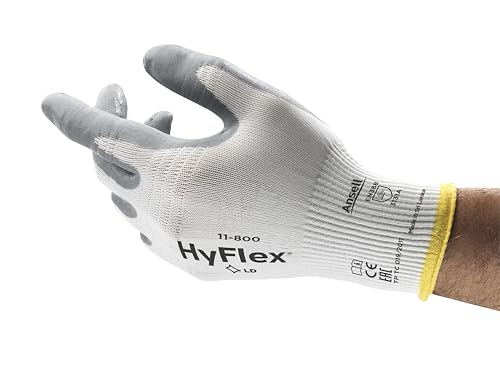 Ansell HyFlex 11-800 Arbeitshandschuhe, Industrie und Mechaniker-Handschuh mit verbesserter Griff- und Komforttechnologie, Weiß Grau Größe 10 (12 Paar)
